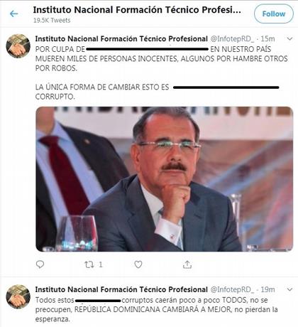 Hackean cuenta Twitter de Infotep y amenazan al presidente Medina