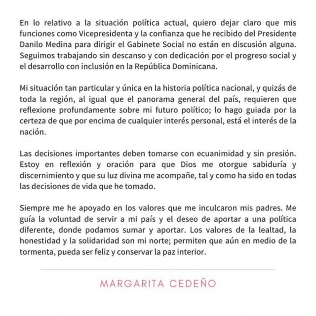 Margarita Cedeño reflexiona sobre su futuro político en medio de división del PLD
