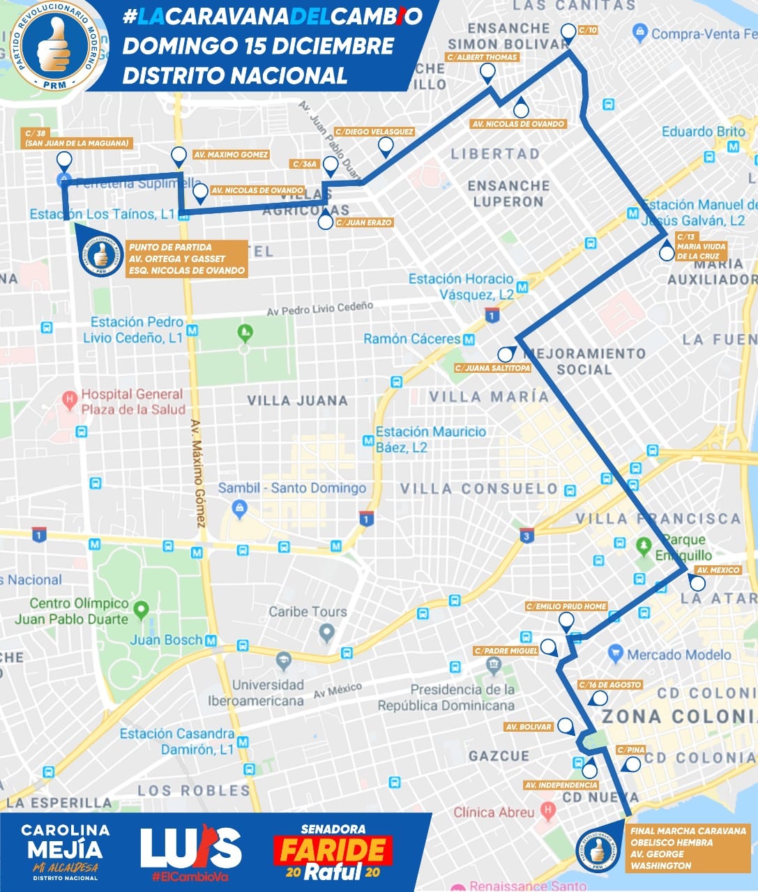 La ruta de la caravana del PRM este domingo