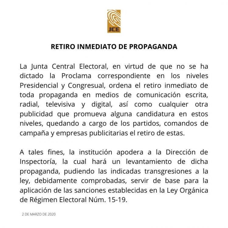 JCE ordena retiro propaganda para niveles presidencial y congresual