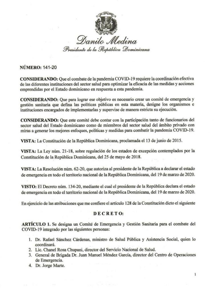 Danilo Medina designa Comité de Emergencia y Gestión Sanitaria