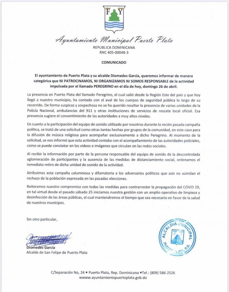 Alcaldía de Puerto Plata niega diera apoyo a acto masivo de El Peregrino