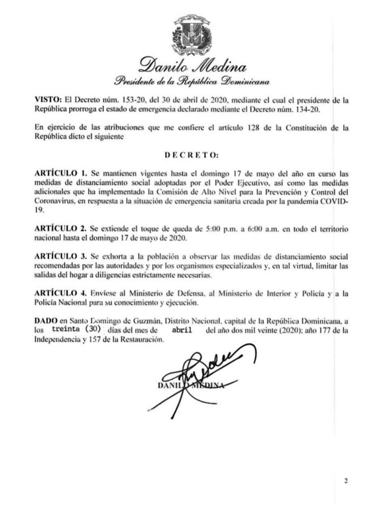 Presidente Danilo Medina extiende toque de queda hasta el 17 de mayo