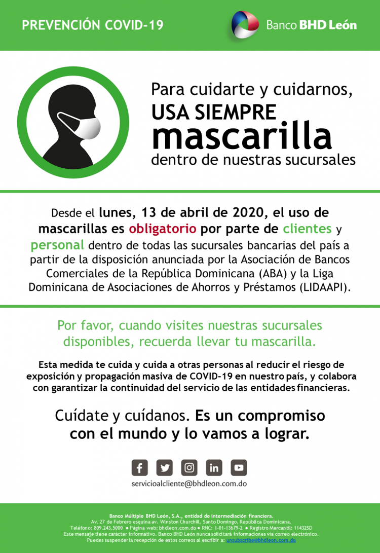 BHD León dispone uso obligatorio de mascarillas para su personal y los clientes