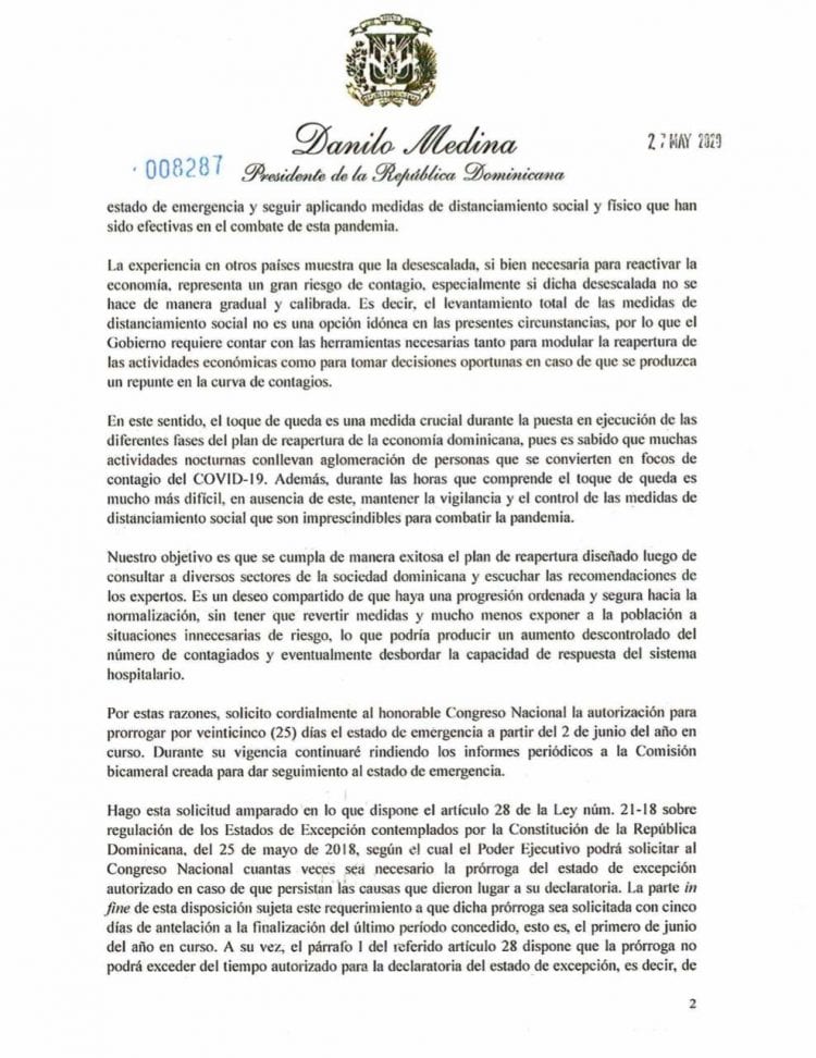 Danilo Medina solicita al Congreso Nacional extender del Estado de Emergencia