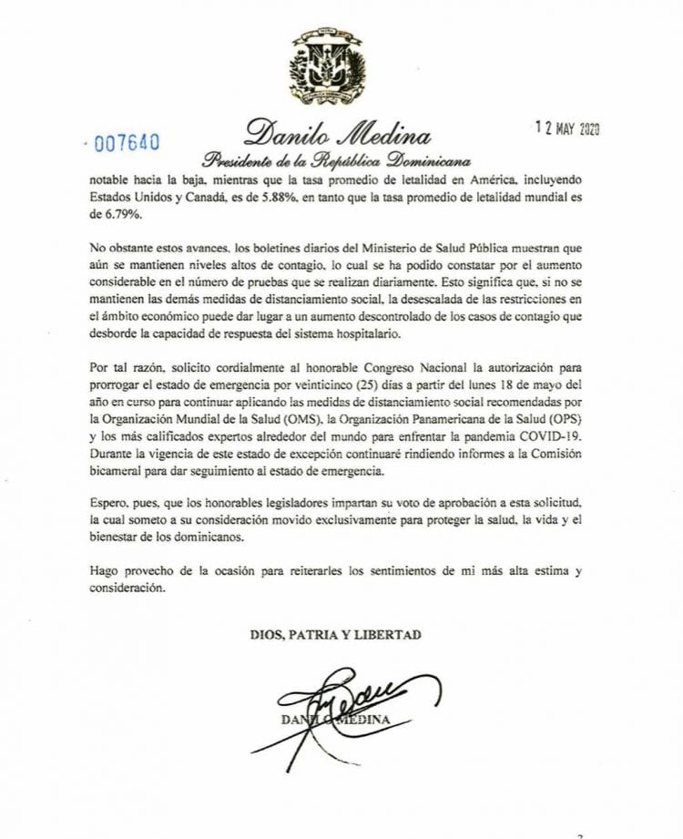 Presidente Medina pide al Congreso extender 25 días estado de emergencia