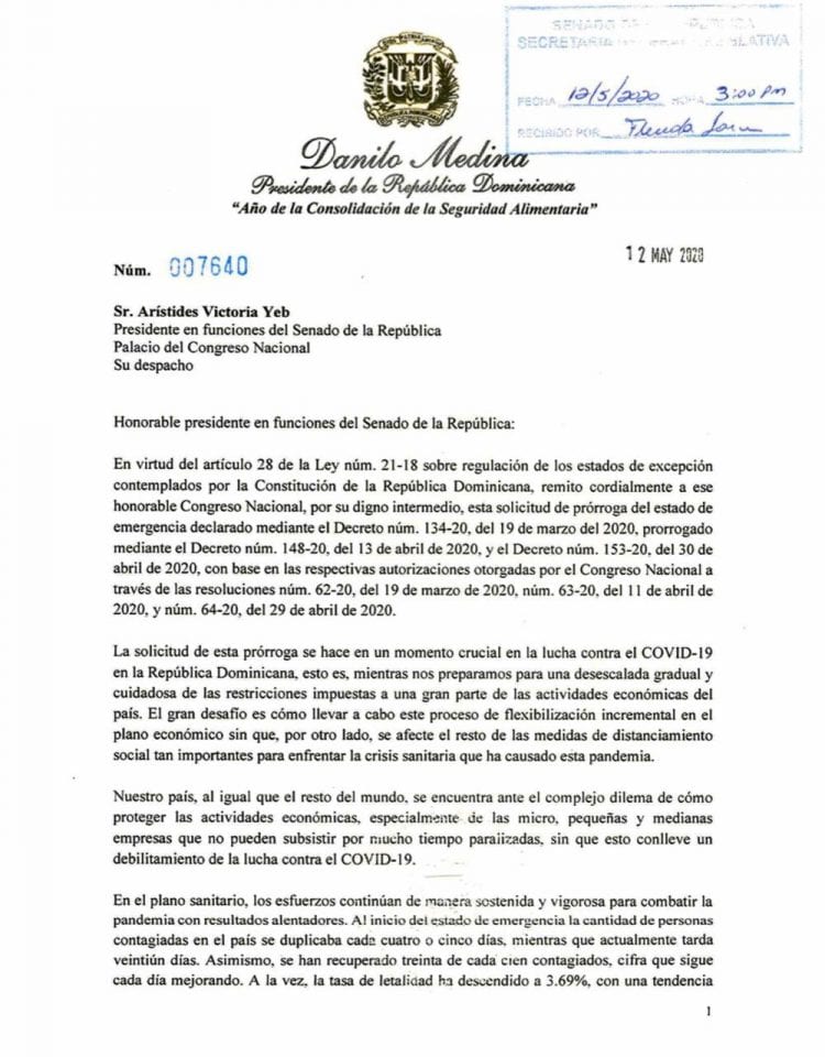 Presidente Medina pide al Congreso extender 25 días estado de emergencia