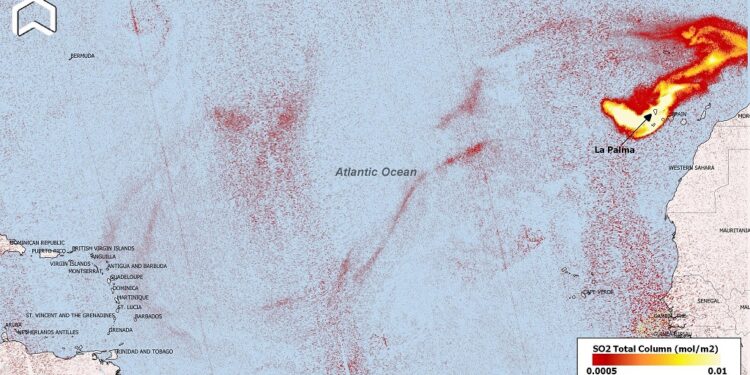 El dióxido de azufre del volcán de La Palma alcanzará el Caribe
