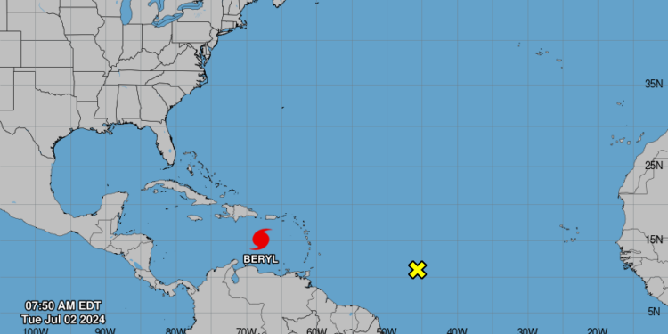 Beryl, como huracán de categoría 5, pasará a cientos de kilómetros al sur de RD